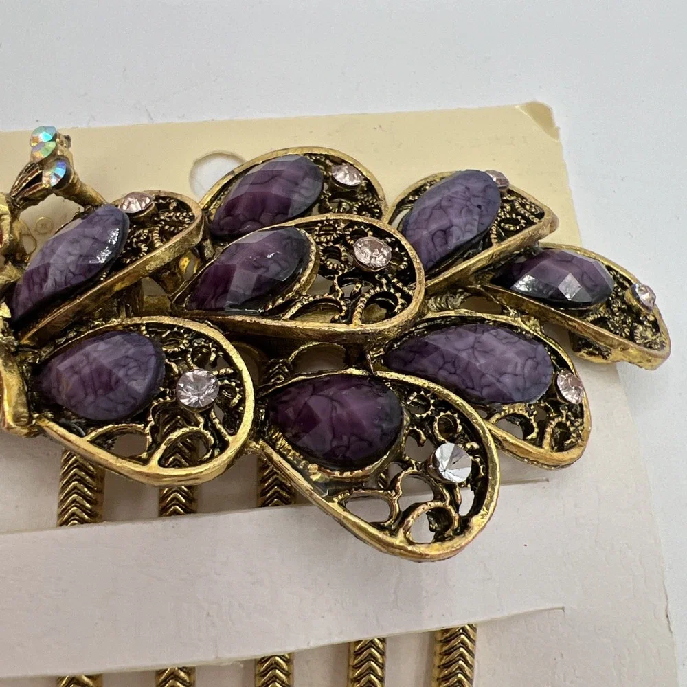 Peacock beads & Rhinestones Hair Comb purple , black and AB‎ gold tone